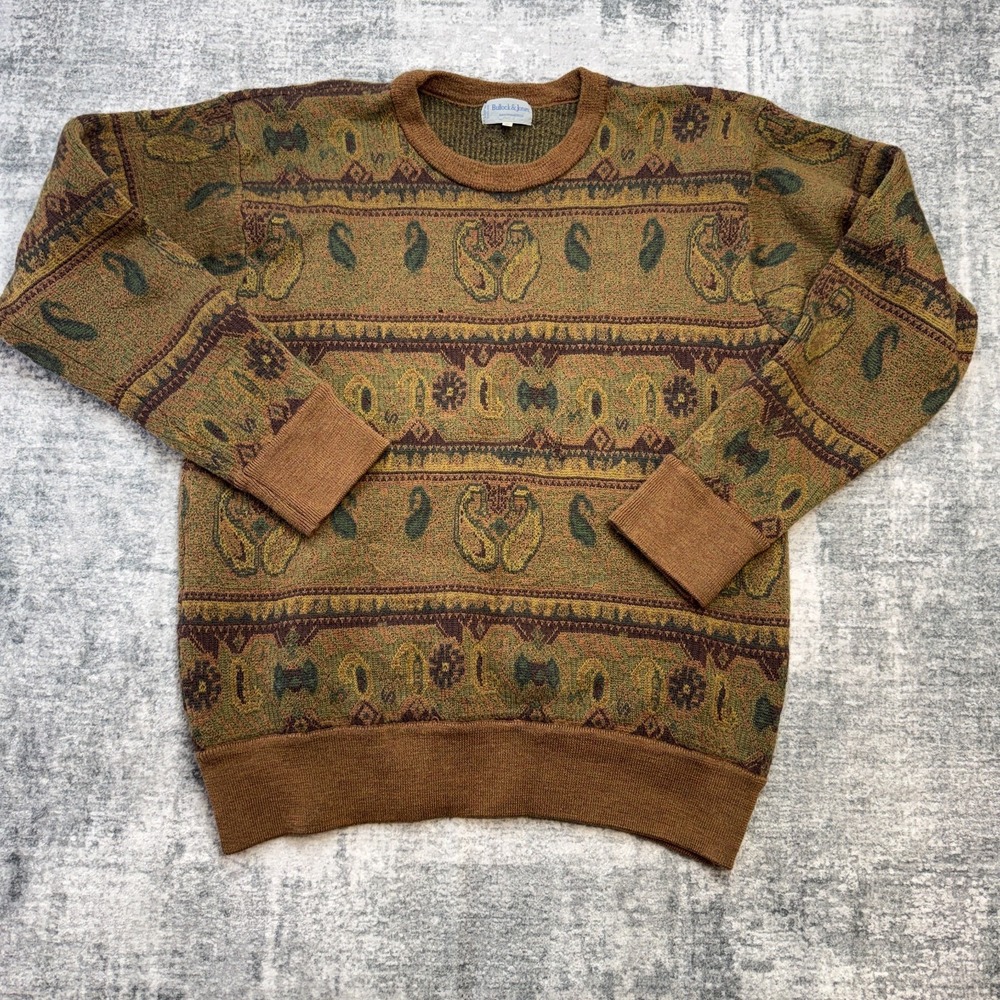 VTG Bullock & Jones Sweater Large Paisley Geometric Double Knit Merino England